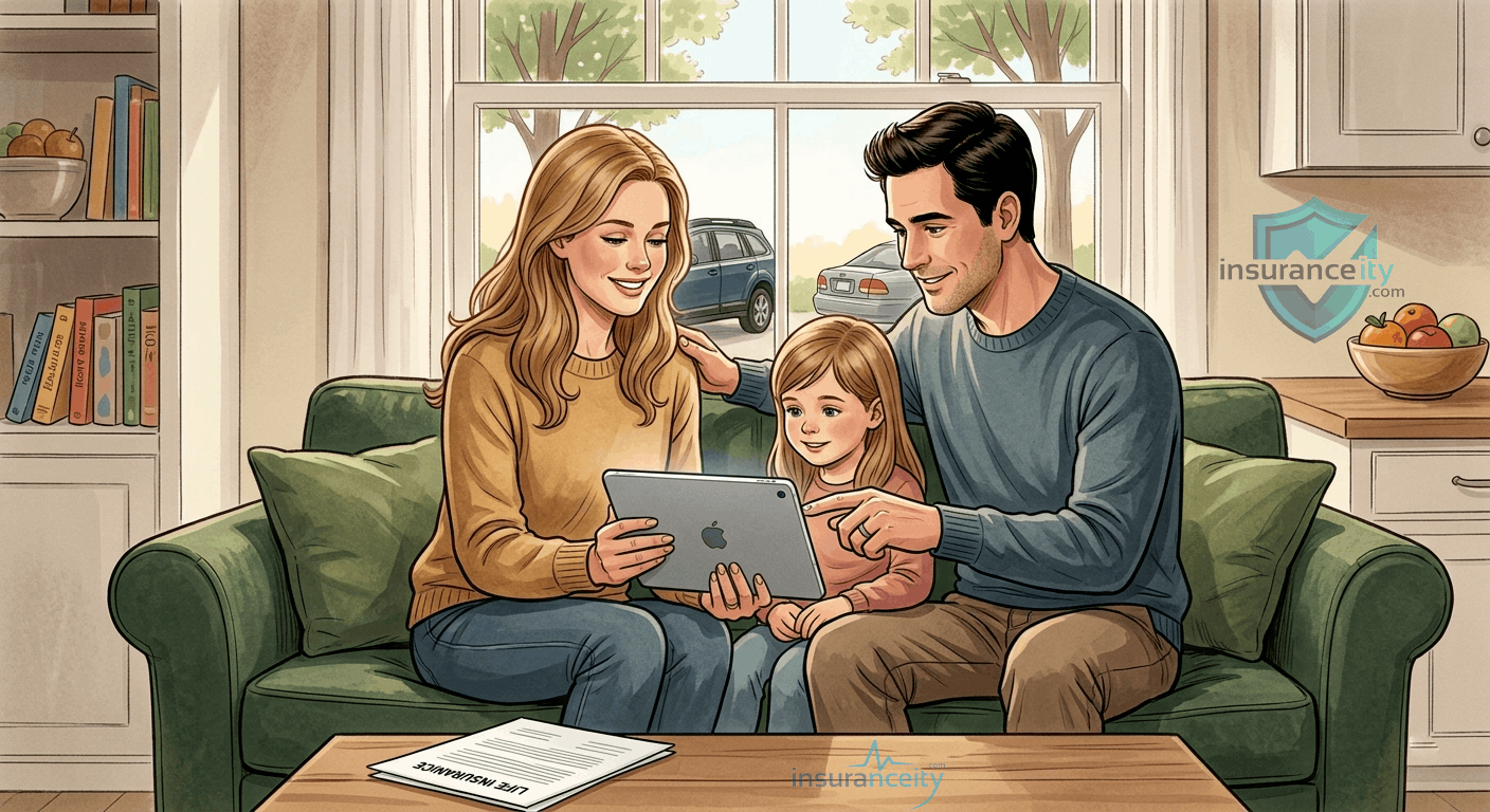 Parents and child at home, representing the topic of life insurance planning for families