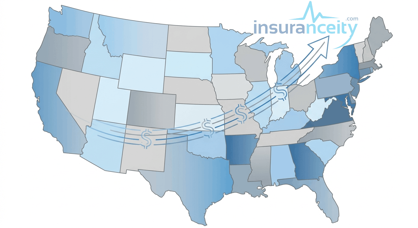 Stylized U.S. map illustrating that car insurance costs and requirements vary by state
