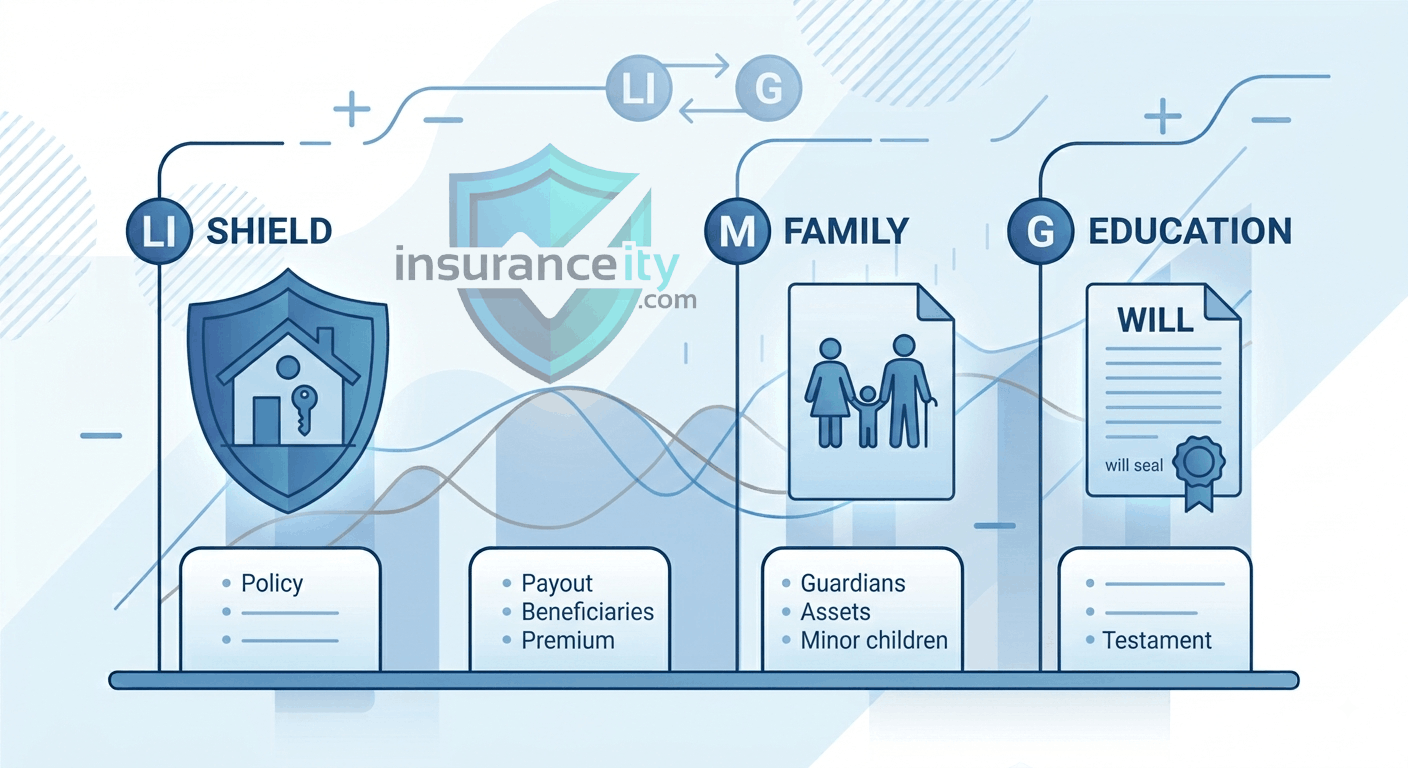 Illustration representing the relationship between life insurance coverage and legal guardianship planning for families